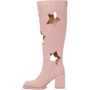 imageFSJ Women Chic Closed Square Toe Block Chunky High Heel Knee High Boots Star Cutout Back Zipper Casual Walking Shoes Size 415 USPink