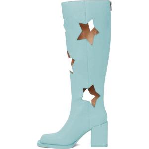 imageFSJ Women Chic Closed Square Toe Block Chunky High Heel Knee High Boots Star Cutout Back Zipper Casual Walking Shoes Size 415 USTurquoise