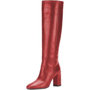 imageFSJ Women Closed Point Toe Boots Comfort Sexy Zipper Medium Chunky Heels Pull On Fancy Office Shoes Size 415 M USRed