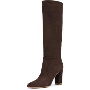 imageFSJ Women Comfortable Calf Knee Boots Stretch Pull On Round Closed Toe Chunky High Heels Suede Long Booties Ladies Dress Party Shoes Size 415 USBrown