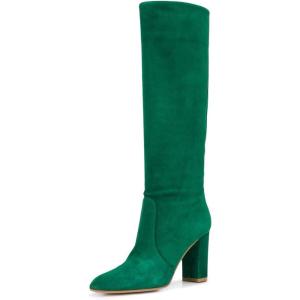 imageFSJ Women Comfortable Calf Knee Boots Stretch Pull On Round Closed Toe Chunky High Heels Suede Long Booties Ladies Dress Party Shoes Size 415 USGreen