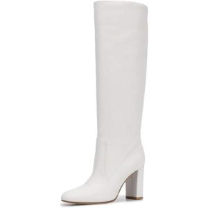 imageFSJ Women Comfortable Calf Knee Boots Stretch Pull On Round Closed Toe Chunky High Heels Suede Long Booties Ladies Dress Party Shoes Size 415 USWhite