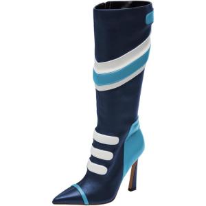 imageFSJ Women Multicolor Knee High Boots Pointed Toe Tall High Heel Long Boots Side Zipper Novel Color Matching Party Fancy Dress Shoes Size 416 USBlue