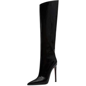 imageFSJ Women Patent Leather PU Pointed Toe Knee High Booties Winter Waterproof Slim High Heel MidCalf Boots Side Zipper Trendy Boots Size 415 USBlack