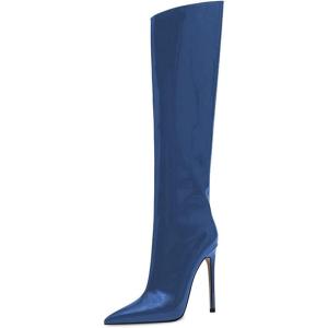 imageFSJ Women Patent Leather PU Pointed Toe Knee High Booties Winter Waterproof Slim High Heel MidCalf Boots Side Zipper Trendy Boots Size 415 USBlue
