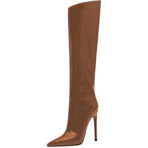 imageFSJ Women Patent Leather PU Pointed Toe Knee High Booties Winter Waterproof Slim High Heel MidCalf Boots Side Zipper Trendy Boots Size 415 USBrown