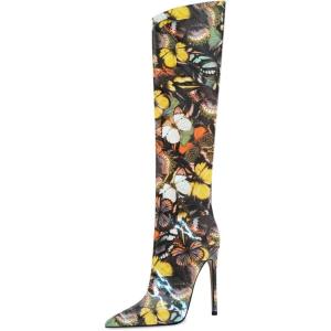 imageFSJ Women Patent Leather PU Pointed Toe Knee High Booties Winter Waterproof Slim High Heel MidCalf Boots Side Zipper Trendy Boots Size 415 USButterfly