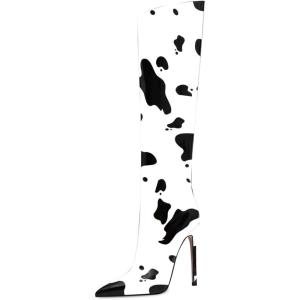 imageFSJ Women Patent Leather PU Pointed Toe Knee High Booties Winter Waterproof Slim High Heel MidCalf Boots Side Zipper Trendy Boots Size 415 USCow