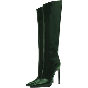imageFSJ Women Patent Leather PU Pointed Toe Knee High Booties Winter Waterproof Slim High Heel MidCalf Boots Side Zipper Trendy Boots Size 415 USDark Green