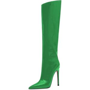 imageFSJ Women Patent Leather PU Pointed Toe Knee High Booties Winter Waterproof Slim High Heel MidCalf Boots Side Zipper Trendy Boots Size 415 USGreen