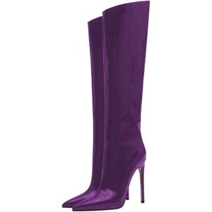 imageFSJ Women Patent Leather PU Pointed Toe Knee High Booties Winter Waterproof Slim High Heel MidCalf Boots Side Zipper Trendy Boots Size 415 USPurple
