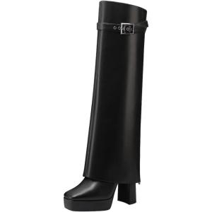 imageFSJ Women Platform Chunky Heel Knee High Boots Fold Over Closed Square Toe Back Zipper High Heels Wide Calf Chic Casual Daily Boots Size 416 USBlack
