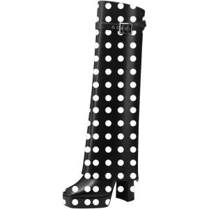 imageFSJ Women Platform Chunky Heel Knee High Boots Fold Over Closed Square Toe Back Zipper High Heels Wide Calf Chic Casual Daily Boots Size 416 USBlack and White Dots