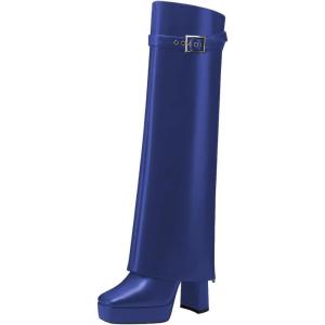 imageFSJ Women Platform Chunky Heel Knee High Boots Fold Over Closed Square Toe Back Zipper High Heels Wide Calf Chic Casual Daily Boots Size 416 USBlue