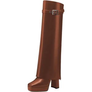 imageFSJ Women Platform Chunky Heel Knee High Boots Fold Over Closed Square Toe Back Zipper High Heels Wide Calf Chic Casual Daily Boots Size 416 USBrown