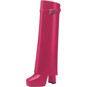 imageFSJ Women Platform Chunky Heel Knee High Boots Fold Over Closed Square Toe Back Zipper High Heels Wide Calf Chic Casual Daily Boots Size 416 USDeep Pink