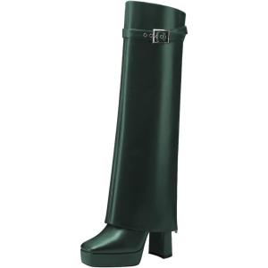 imageFSJ Women Platform Chunky Heel Knee High Boots Fold Over Closed Square Toe Back Zipper High Heels Wide Calf Chic Casual Daily Boots Size 416 USGreen