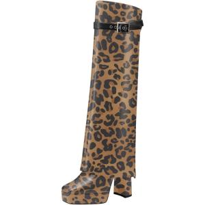 imageFSJ Women Platform Chunky Heel Knee High Boots Fold Over Closed Square Toe Back Zipper High Heels Wide Calf Chic Casual Daily Boots Size 416 USLeopard Print