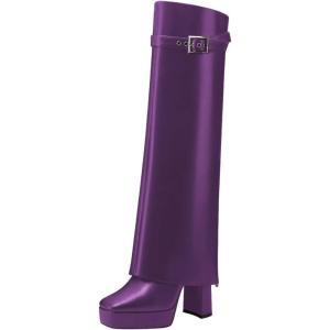 imageFSJ Women Platform Chunky Heel Knee High Boots Fold Over Closed Square Toe Back Zipper High Heels Wide Calf Chic Casual Daily Boots Size 416 USPurple