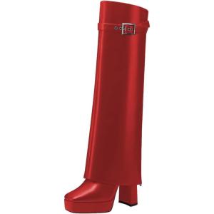 imageFSJ Women Platform Chunky Heel Knee High Boots Fold Over Closed Square Toe Back Zipper High Heels Wide Calf Chic Casual Daily Boots Size 416 USRed