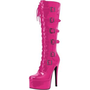 imageFSJ Women Platform Knee High Boots Buckled Strappy Round Toe Laceup Zipper Tall Stiletto High Heel Long Boots Evening Dress Shoes Size 416 USPink