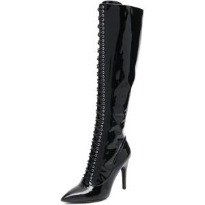 imageFSJ Women Sexy Pointed Toe Laceup Knee High Boots Stiletto High Heel Side Zipper Fashion Party Evening Nightclub Thigh High Boots Size 415 USBlack