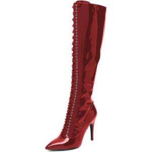 imageFSJ Women Sexy Pointed Toe Laceup Knee High Boots Stiletto High Heel Side Zipper Fashion Party Evening Nightclub Thigh High Boots Size 415 USRed
