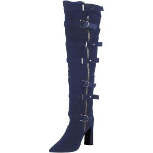 imageFSJ Women Stylish High Chunky Heel Over the Knee Boots Pointed Toe Buckled Strappy Thigh High Boots with Zipper Fashion Winter Long Boots Size 415 USBlue