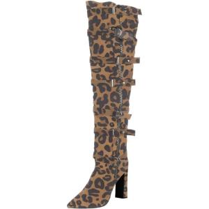 imageFSJ Women Stylish High Chunky Heel Over the Knee Boots Pointed Toe Buckled Strappy Thigh High Boots with Zipper Fashion Winter Long Boots Size 415 USLeopard