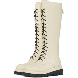 imageFSJ Women Stylish Knee High Boots Chunky Low Flat Heel LaceUp Closed Toe Mid Calf Riding Boot with Back Zipper Fall Winter Long Boots Size 415 USAntique White