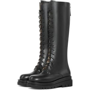 imageFSJ Women Stylish Knee High Boots Chunky Low Flat Heel LaceUp Closed Toe Mid Calf Riding Boot with Back Zipper Fall Winter Long Boots Size 415 USBlack
