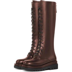 imageFSJ Women Stylish Knee High Boots Chunky Low Flat Heel LaceUp Closed Toe Mid Calf Riding Boot with Back Zipper Fall Winter Long Boots Size 415 USBrown