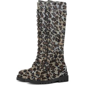 imageFSJ Women Stylish Knee High Boots Chunky Low Flat Heel LaceUp Closed Toe Mid Calf Riding Boot with Back Zipper Fall Winter Long Boots Size 415 USGrey Leopard