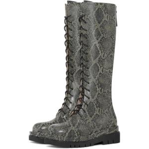 imageFSJ Women Stylish Knee High Boots Chunky Low Flat Heel LaceUp Closed Toe Mid Calf Riding Boot with Back Zipper Fall Winter Long Boots Size 415 USSnakeskin
