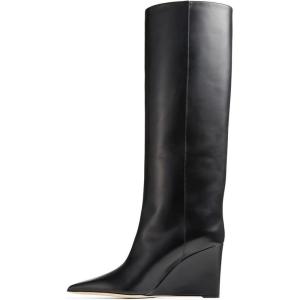 imageFSJ Women Wedge Heel Pointed Toe Thigh High Boots Comfortable Thick High Heel Trendy Ladies Dressy Knee High Boots Size 415 USBlack