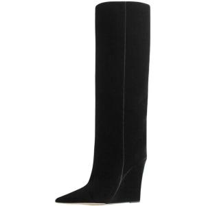 imageFSJ Women Wedge Heel Pointed Toe Thigh High Boots Comfortable Thick High Heel Trendy Ladies Dressy Knee High Boots Size 415 USBlack Velvet