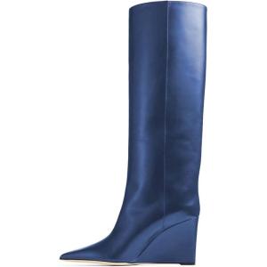 imageFSJ Women Wedge Heel Pointed Toe Thigh High Boots Comfortable Thick High Heel Trendy Ladies Dressy Knee High Boots Size 415 USBlue