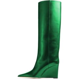 imageFSJ Women Wedge Heel Pointed Toe Thigh High Boots Comfortable Thick High Heel Trendy Ladies Dressy Knee High Boots Size 415 USGreen