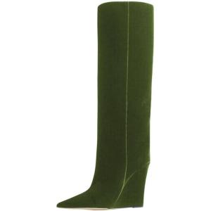imageFSJ Women Wedge Heel Pointed Toe Thigh High Boots Comfortable Thick High Heel Trendy Ladies Dressy Knee High Boots Size 415 USGreen Velvet