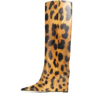 imageFSJ Women Wedge Heel Pointed Toe Thigh High Boots Comfortable Thick High Heel Trendy Ladies Dressy Knee High Boots Size 415 USLeopard Print