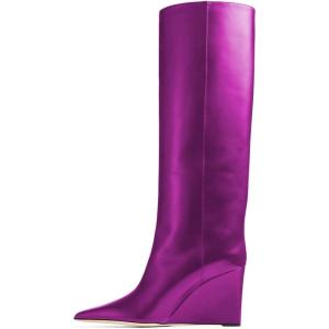 imageFSJ Women Wedge Heel Pointed Toe Thigh High Boots Comfortable Thick High Heel Trendy Ladies Dressy Knee High Boots Size 415 USPurple