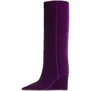 imageFSJ Women Wedge Heel Pointed Toe Thigh High Boots Comfortable Thick High Heel Trendy Ladies Dressy Knee High Boots Size 415 USPurple Velvet