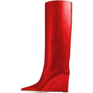 imageFSJ Women Wedge Heel Pointed Toe Thigh High Boots Comfortable Thick High Heel Trendy Ladies Dressy Knee High Boots Size 415 USRed