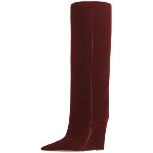 imageFSJ Women Wedge Heel Pointed Toe Thigh High Boots Comfortable Thick High Heel Trendy Ladies Dressy Knee High Boots Size 415 USRed Velvet