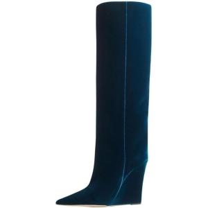 imageFSJ Women Wedge Heel Pointed Toe Thigh High Boots Comfortable Thick High Heel Trendy Ladies Dressy Knee High Boots Size 415 USTeal
