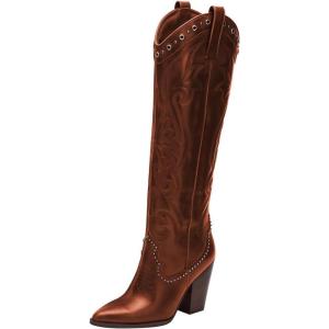 imageFSJ Women Western Knee High Boots Embroidery Pointed Toe Chunky Block Stacked Heel Cowboy Cowgirl Beaded Pull On Fashion Shoes Size 416 USBrown