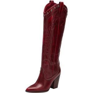 imageFSJ Women Western Knee High Boots Embroidery Pointed Toe Chunky Block Stacked Heel Cowboy Cowgirl Beaded Pull On Fashion Shoes Size 416 USBurgundy