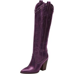 imageFSJ Women Western Knee High Boots Embroidery Pointed Toe Chunky Block Stacked Heel Cowboy Cowgirl Beaded Pull On Fashion Shoes Size 416 USPurple