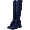 imageFSJ Women Fashion Round Toe Chunky Block Heel Knee High Riding Boots Laces Dress Shoes Size 415 USBlue