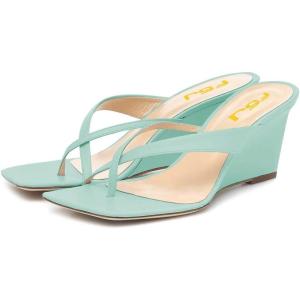 imageFSJ Women Casual Flip Flop Slide Mule Shoes Square Open Toe Thong Sandal Summer Wedge High Heel Size 415 USLight Turquoise